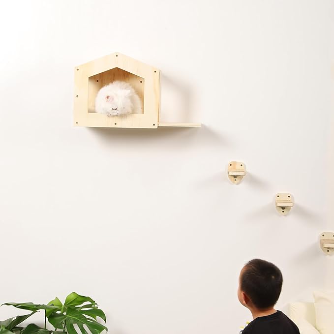 Cat Wall Shelves, Cat Shelves for Wall, Cat House Wall Furniture, Cat Condo Shelf with 3 Steps Scratching Post, Cat Bed Hammock Wall Mounted, Climbing Shelf Wall Mount for Indoor Cats (Wood)