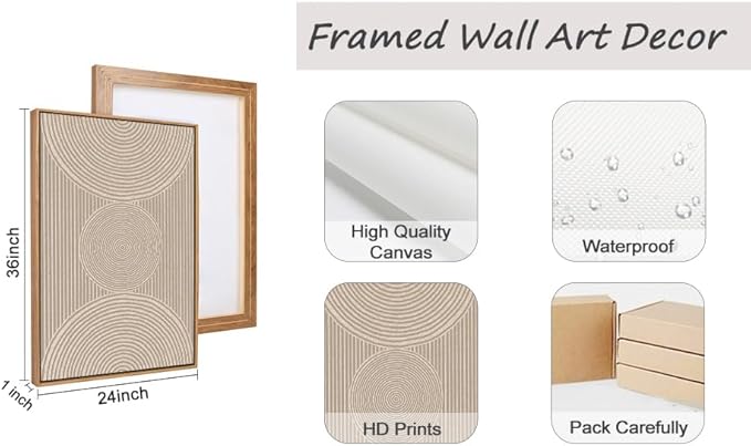 Ausril Neutral Minimalist Line Framed Canvas Wall Art Set, Beige Abstract Wall Decor, Modern Illustration Wall Painting, Mid Century Boho Art Print for Living Room, Bedroom, Office 36"x24"x3