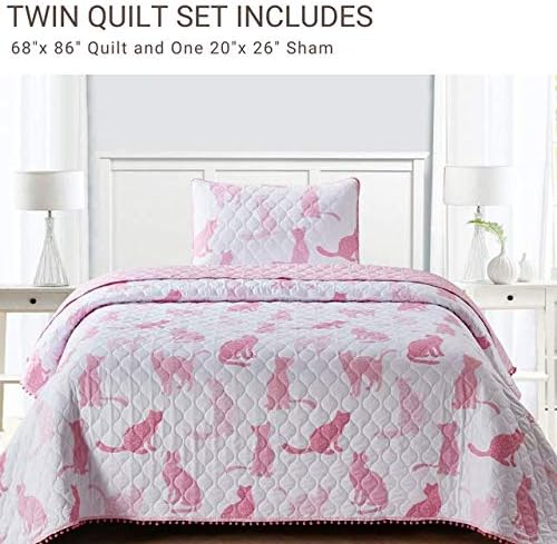 2 Piece Pink Cats Quilt Set with Mini Pom Poms, Twin, Pink