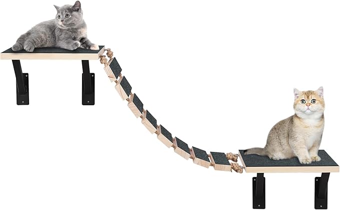 Handcrafted Wood Cat Wall Suspension Bridge - Wall Mounted Cat Shelves, Cat Floating Steps, Cat Wall Perch, Cat Climber Ladder Tree Shelf, Cat Wall Furniture Cat Hammock Bed