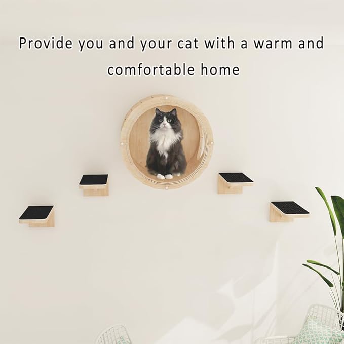 Wall-Mounted Cat Bed Furniture Round Space Capsule Acrylic Cat Perch Steps Cat Wooden Shelf Cat Lover Gift Cat Tree Tower-Side Stripe Style-1