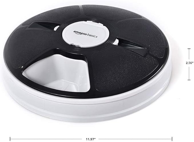 Amazon Basics Automatic Pet Feeder, Electronic Timed Dog and Cat Food Dispenser, 6 Portions, Plastic, Black, 12" X 12" X 2.3"