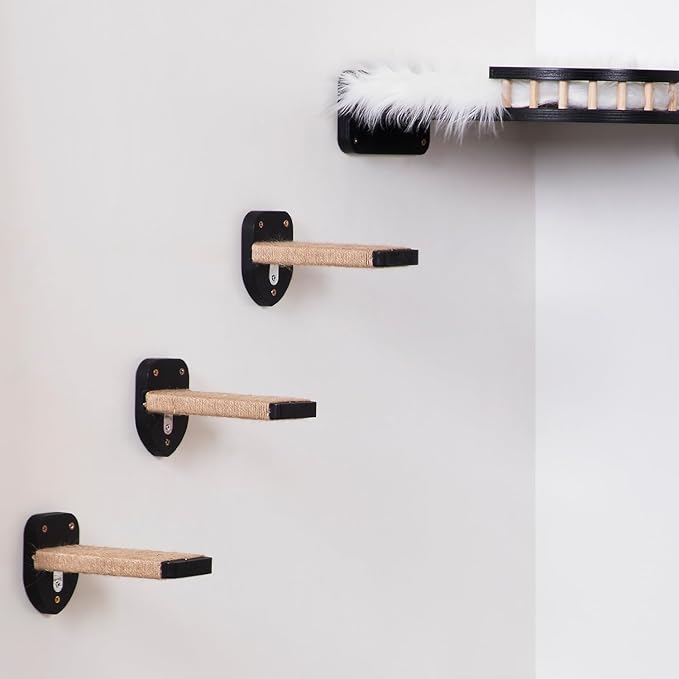 3pcs Cat Wall Steps, Cat Climbing Wall Mounted Cat Furniture, Cat Wall Shelves Cat Steps for Wall with Hemp Rope Covered, Solid Wood Cat Ladder for Cats Playing and Climbing (Standard-Black)