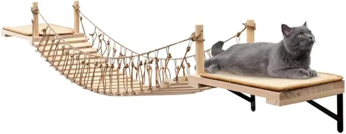 Wall-Mounted Cat Roped Bridge, Cat Wall Shelves, Cat Brideg Long for Indoor Cats, Cat Wall Furniture for Sleeping, Playing, Climbing, Wooden Cat or Kitty Bed and Perches with Sisal Scratch Mat