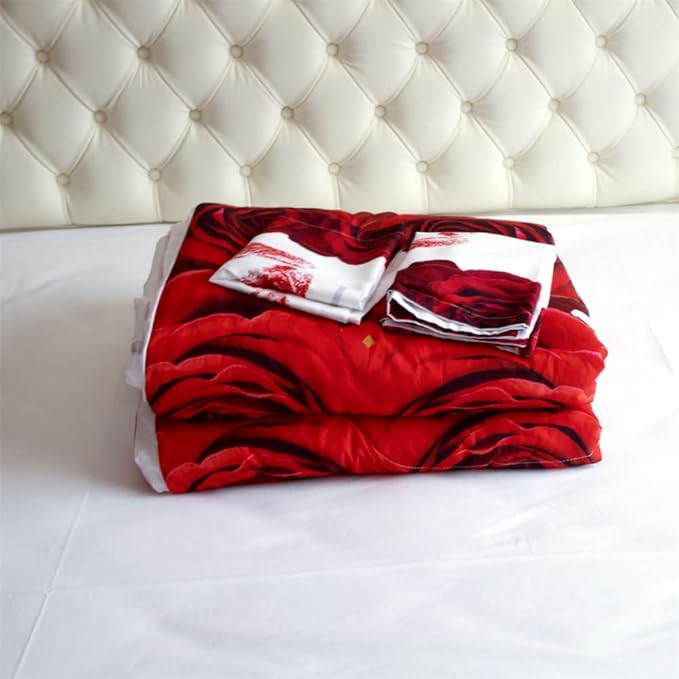 3D Comforter Set King - Red and White Rose Print Comforter Set King Size Floral Room Decor Bedding Set Aldult Quilt with 2 Pillowcases for All Seasons