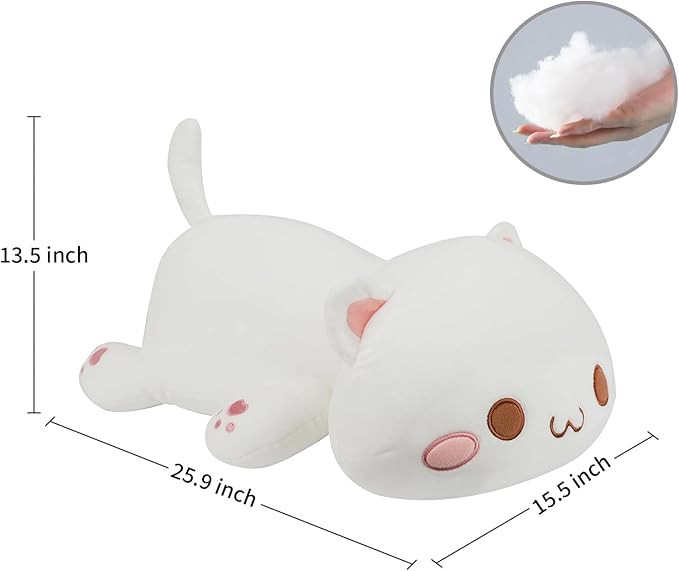 AFAN Cat Stuffed Animals Plush Cute Soft Cat Plush Pillow Toys Kawaii Plushies Room Decor Gifts for Kids Girls Boys (Round Eyes, White, 25.9 Inch)