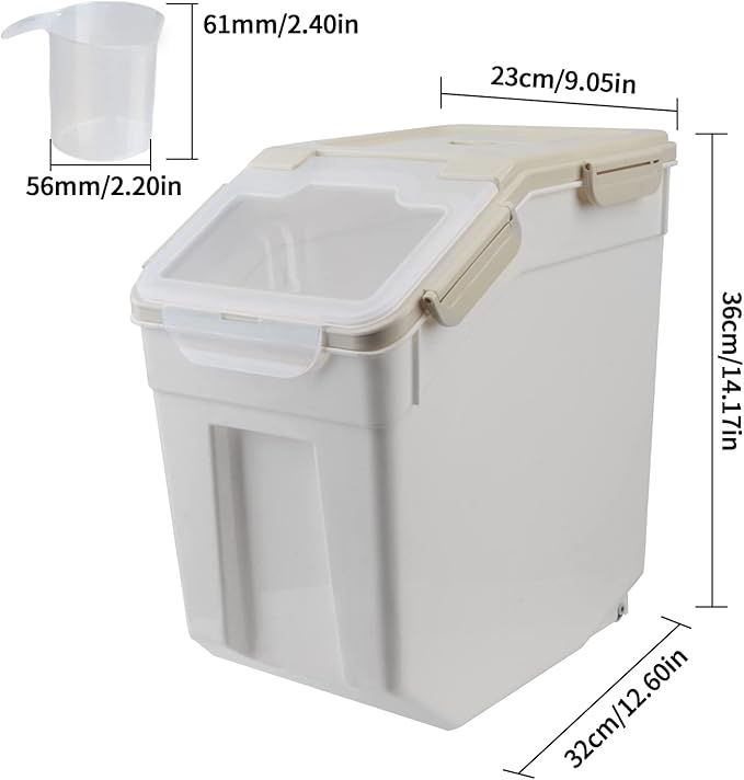 Airtight Dog Food Storage Container 15 lbs Capacity, Large Pet Food Storage Bin, Plastic Cat Food Box with Scoop and Measuring Cup (Grey)