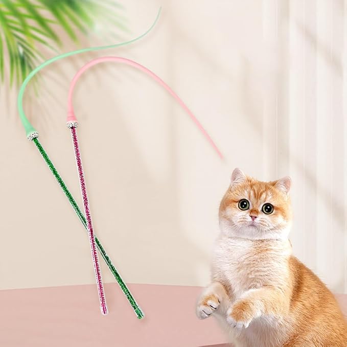 2PCS Cat Toy Wand, Silicone Mice Tail Teaser Toys Interactive Cat Toys with 2 Replaceable Tail for Indoor Cats Kittens Chase Exercise