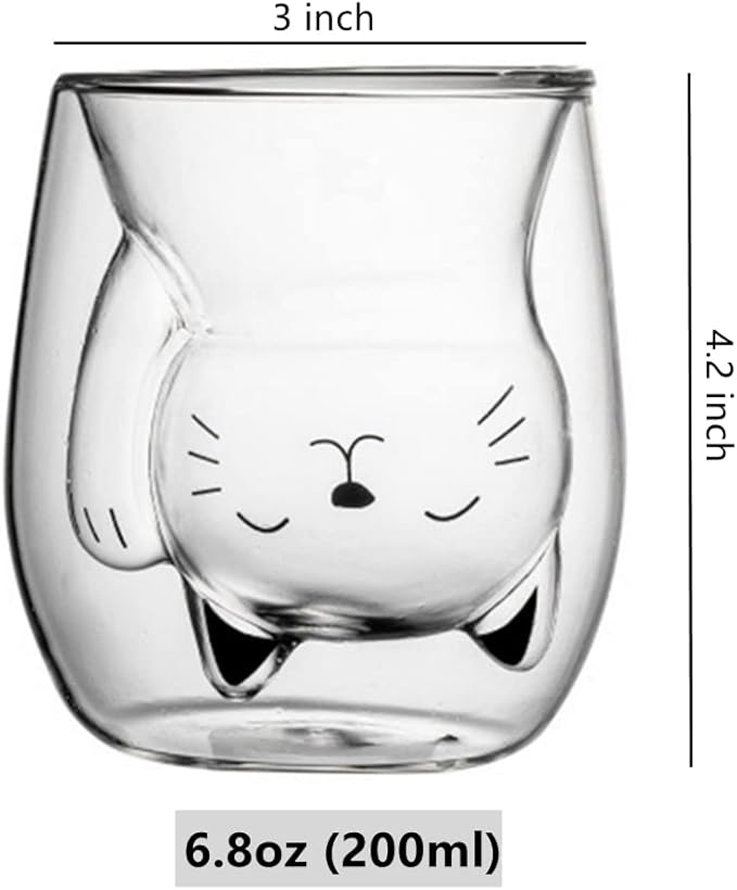 ANSQU Cute Mug Cat Tea Double Wall Glass Coffee Mugs, Espresso Shot Glass, Milk Mug (200 ml/6.8 oz), Personal Birthday Gifts and Holiday Gifts