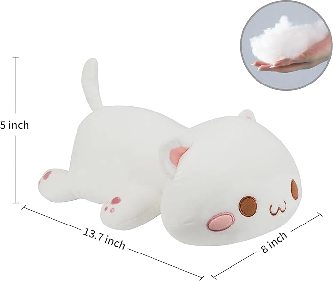 AFAN Cat Stuffed Animals Plush Cute Soft Cat Plush Pillow Toys Kawaii Plushies Room Decor Gifts for Kids Girls Boys (Round Eyes, White, 13.7 Inch)