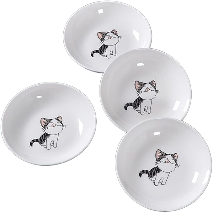 4 Pack Saucer Dishes with Cat Pattern, Ceramic Dipping Bowls Set, 4 Inch Side Dishes Sauce Dishes for Sushi Sauce Snack Soy, Porcelain Seasoning Dishes Side Bowls, Snack Serving Dishes
