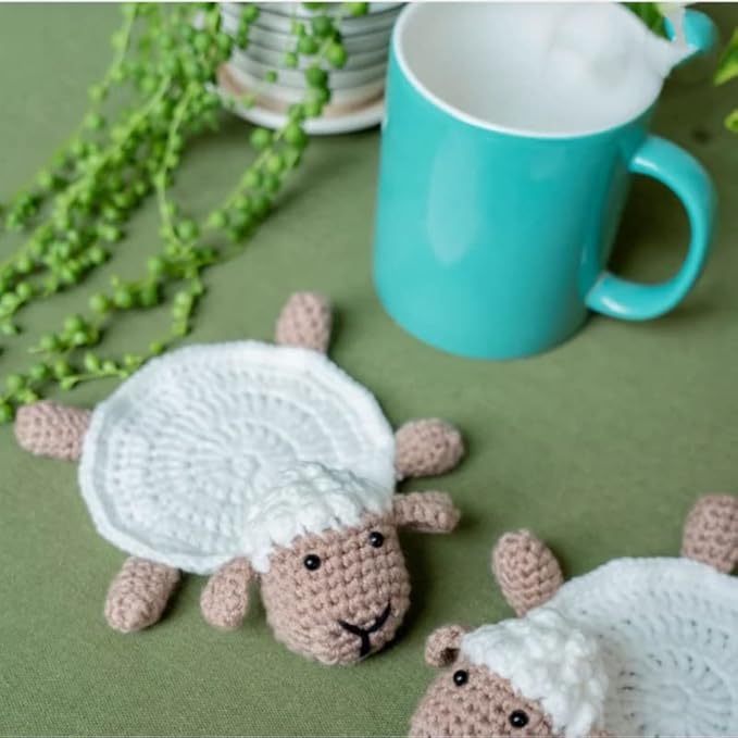 4 Pcs Crochet Sheep Coasters for Drinks, Funny Handmade Woven Coaster Set, Cute Sheep Shaped Mug Cup Mat Table Desk Decoration Housewarming Gift
