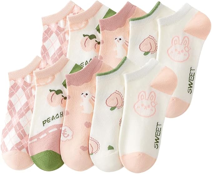 5/10 Pairs Combed Cotton Socks for Women with Cute Animals/Flowers Patterned Ankle Socks