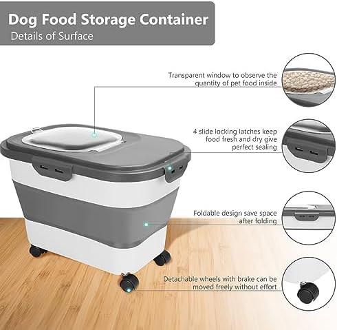 2 PCS Dog Food Storage Containers 15-20 Lbs Collapsible Dog Food Storage Container - with Measuring Cup &Scoop(Grey+Black)