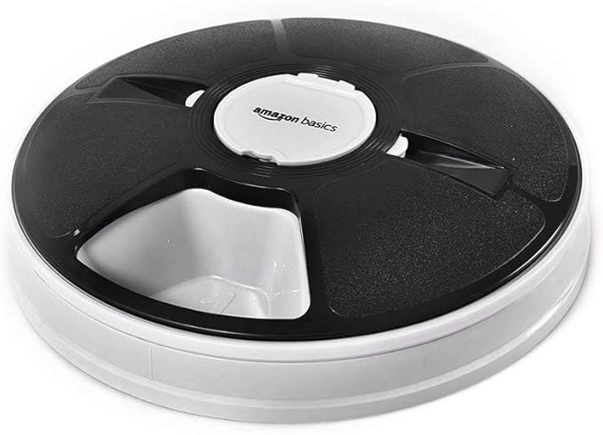 Amazon Basics Automatic Pet Feeder, Electronic Timed Dog and Cat Food Dispenser, 6 Portions, Plastic, Black, 12" X 12" X 2.3"