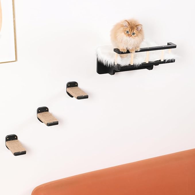 Cat Wall Shelf with 3 Cat Wall Steps,Cat Wall Shelves with Plush Coverd,Cat Climbing Shelf for Indoor Cat,Cat Wall Furniture Cat Shelf for Wall (Black)