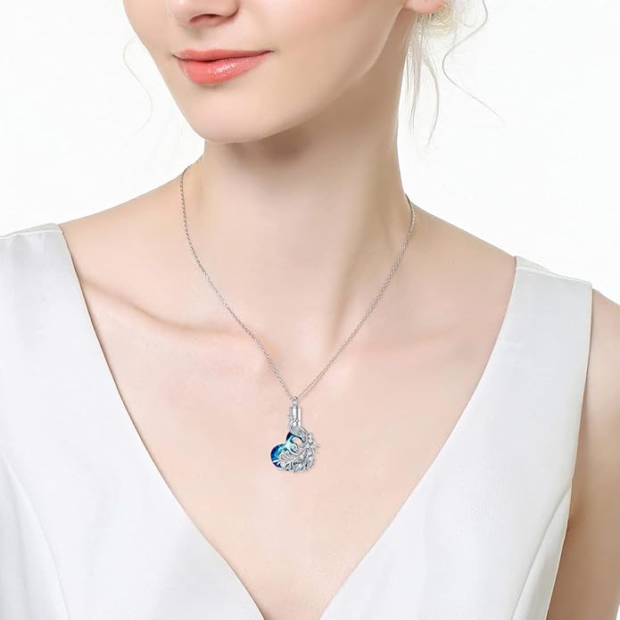 Animal Crystal Urn Necklace For Ashes Sterling Silver Butterfly Dragonfly Bee Phoenix Peacock Hummingbird Fox Angel Wing Pentagram Pentacle Cremation Necklace Heart Teardrop Urn Holder Necklaces For Women Memorial Jewelry