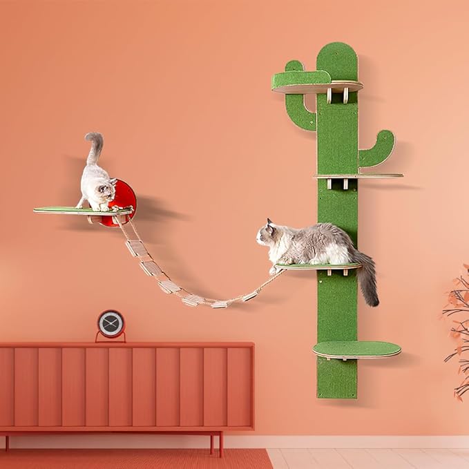 Docal Cat Climbing Tower Wall,Cat Wall Shelves with Cat Tree Tower Cactus Shape with Carpeted Plank for Indoor Cats,Suitable for Indoor Cats Climbing Tower Activity Wood Cat Wall Furniture