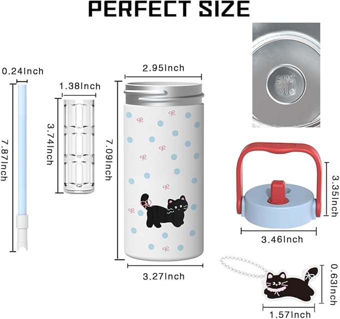 20 oz Cute Black Cat Pattern Insulated Tumbler with Straw and Lid, Stainless Steel School Travel Working Coffee Mug, Detachable Dust Cap, Built-In Filter Tea Drain, Great Gifts for Women & Girls