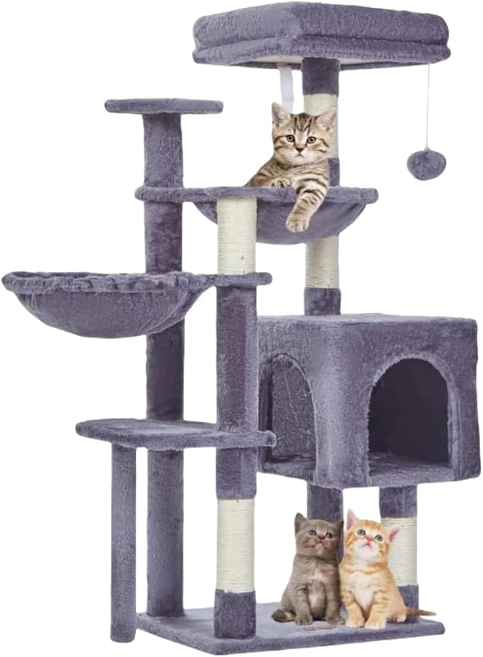 Taoqimiao Cat Tree, 39.4-Inch Cat Tower for Kittens, Cat Tree Tower with 5 Scratching Posts, Plush Cat Condo with Plush Perch, 2 Hammock, Pompoms, Smoky Gray MS019G