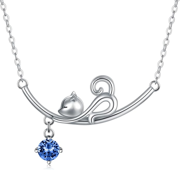 AOBOCO 925 Sterling Silver Lovely Cat Kitten Pendant Necklace with 12 Months Birthstone Crystal from Austria, Christmas Birthday Jewelry Gifts for Cat Lover