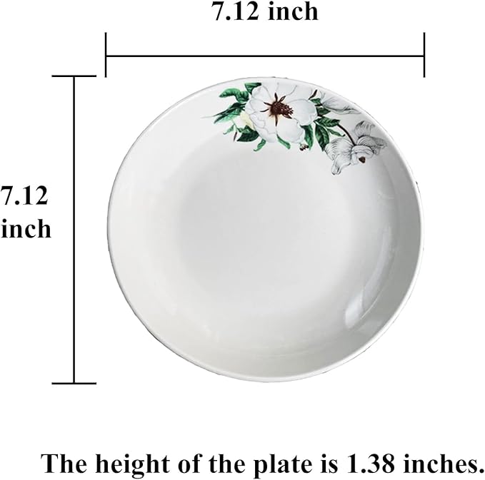5 Pack Ceramic Plates with Lotus Pattern, 7.12 inch Large Dessert Salad Porcelain Dinner Plates, Ceramic Dessert Dishes for Steak, Pasta, Pizza, Appetizer ( Dishwasher & Microwave Safe Dinnerware)