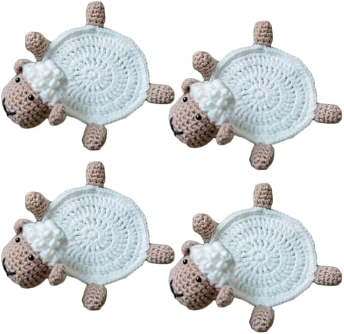 4 Pcs Crochet Sheep Coasters for Drinks, Funny Handmade Woven Coaster Set, Cute Sheep Shaped Mug Cup Mat Table Desk Decoration Housewarming Gift