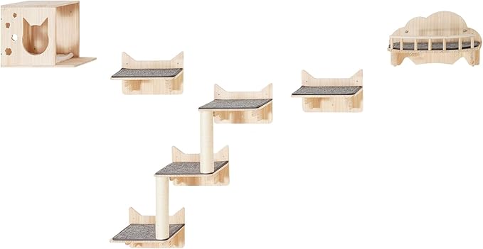 VEVOR Wall Mounted Cat Shelves, Cat Wall Shelves and Perches with Jumping Boards, Nest, Barrier Board & Cat Tree, Cat Floating Furniture up to 40 lbs for Sleeping, Playing, Climbing, Set of 5