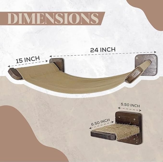 Cat Wall Hammock with Plush Cushion and Two Steps - Cat Wall Shelves Set and Perches for Playing, Climbing, and Sleeping - Wooden Cat Wall Bed - Cat Shelves for Wall Large Cats Set