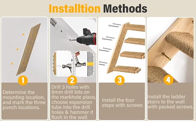 1 Pack 4 Steps Cat Wall Shelves Cat Wall Stairs with Sisal Rope.an Improved＆Stronger Cat Wall Steps Cat Tree Supplies
