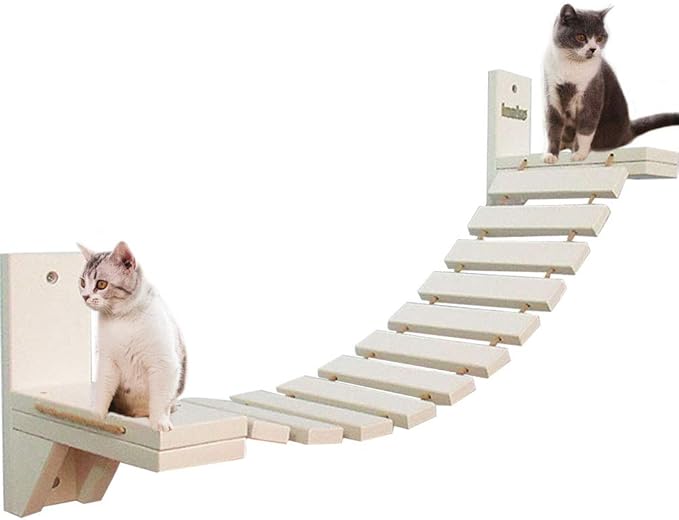 La La Pet® Wall-Mounted Cat Ladder Bridge with 2 Fixed Brackets Wood Cat Perch Mod Cat Lounge Hammock Cat Condo Kitty Activity Furniture Cat Climber Tree Tower Cat Cloud Shelf Board