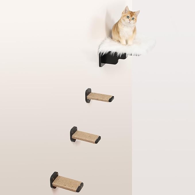Cat Wall Shelves, Cat Shelves and Perches for Wall, Cat Wall Furniture, Cat Wall Mount Climbing Shelf with 3 Steps Scratch Post, Cat Bed Hammock with Plush Covered for Indoor Cats (Black)