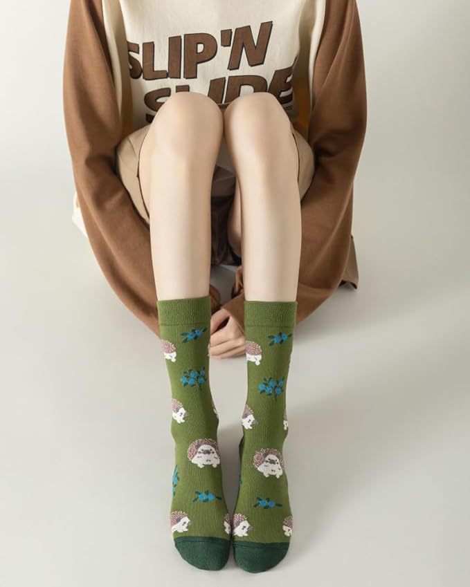 5 Pairs Cute Animal Crew Socks Fun Casual Cotton Calf Socks for Women