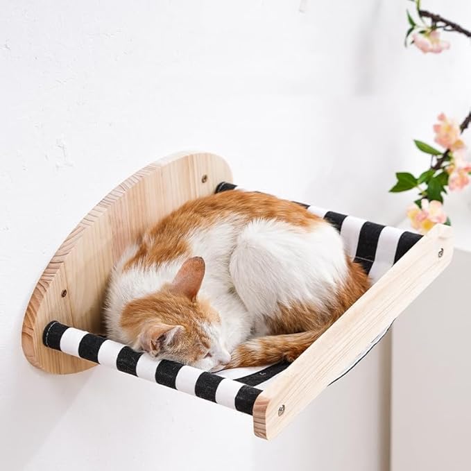 Cat Scratching Staircase, Wooden Climbing Post for Cats, Stairway Design Cat Climbing Shelf Wall Mounted, Four Step Cat Stairway with Jute Scratching for Cats Perch Platform (Stripes Hammock)