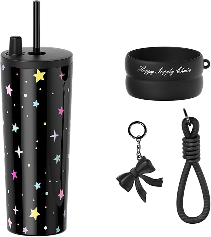 24 oz Cute Portable Travel Tumbler Stainless Steel with Lid and Straw, Sidagar Leak Proof Coffee Mug for Hot and Cold, Reusable Thermal Coffee Cup for Women, Leak Proof Water Bottle, Black Star