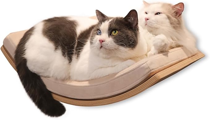 Large Cat Wall Shelves Curved Floating Cat Shelf Perch Bed with Cushion Wooden Cat Wall Furniture for Climbing Sleeping 22.4"x13.7"(Walnut)