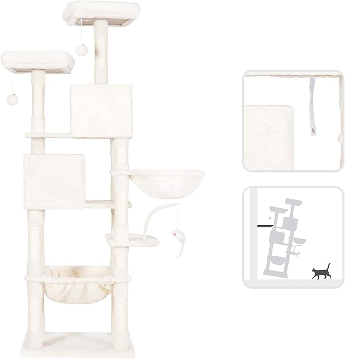 Heybly Cat Tree, 70 inches Tall Cat Tower condo with Toy for Indoor Large Cats, Cat House Furniture with Padded Plush Perch, Cozy Hammock and Sisal Scratching Posts,Beige HCT032M