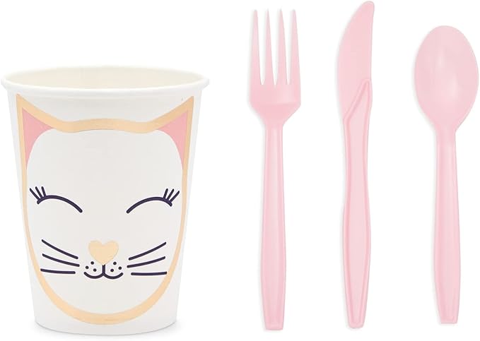 144 Piece Cat Themed Party Supplies Set, Serves 24 Includes Plates, Napkins, Cups, Cutlery – Kitty Birthday Decorations & Kitten Themed Parties Decorations