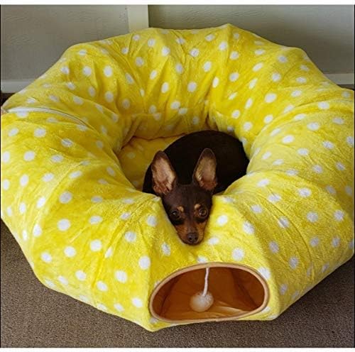 AUOON Cat Tunnel Bed with Central Mat Under Christmas Tree,Big Tube Playground Toys,Full Moon Shape for Kitten,Cat,Puppy,Rabbit,Ferret,Yellow