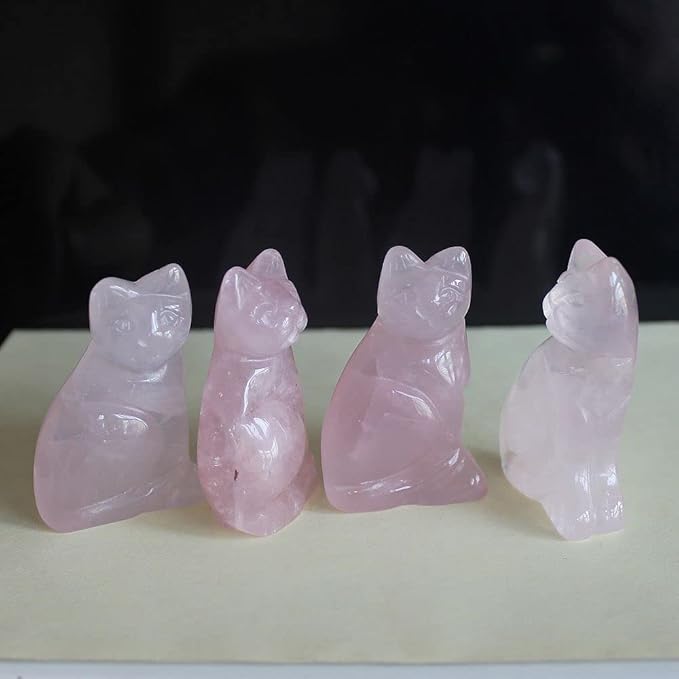 2‘’ Hand Carved Crystal Gemstone Rose Quartz cat Figurine Animal Carving Statue Home Decor
