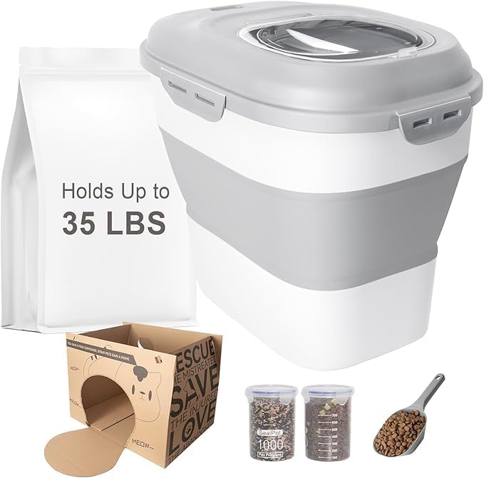 30-35 Lbs Dog Food Storage Container Collapsible Dog Food Container with Airtight Lids, Wheels, Scoop and 2pcs Food Storage Containers, Large Pet food storage for Dog, Cat