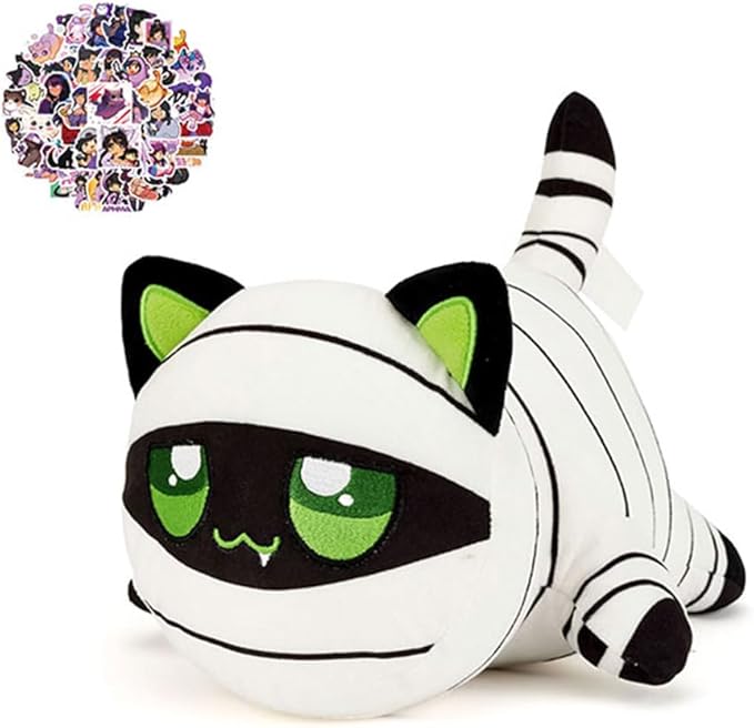 61-PCS | 9.8-inches Mummy Cat Plush + 60-Sticker - Cat Plush Collection - 100% Polyester Plushie Pillow Embroidered - Stuffed Animal Collectible
