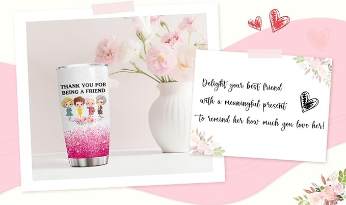 34HD Golden Tumbler 20oz – Thank You for Being a Friend – Double Wall Vacuum Insulated Stainless Steel Cup – Keeps Drinks Hot or Cold – Glitter Travel Mug Gift for Women & Friends