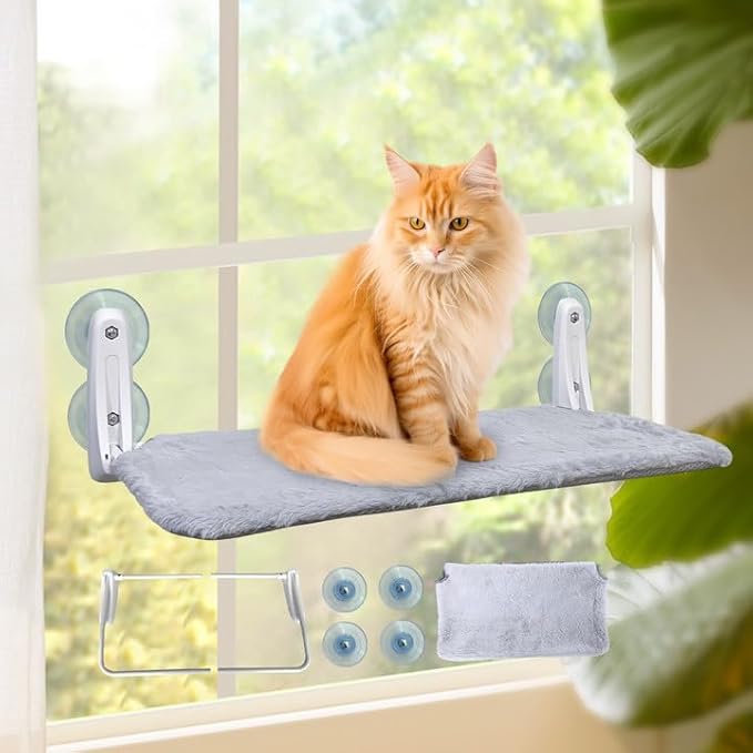 L&W BROS. Cat Window Perch Cordless Cat Hammock Easy to Assemble Without Tools in 2 Minutes, with 4 Suction Cups, Soft Reversible Cover 20.5"x 11.2" Cat Shelf Foldable Cat Beds for Indoor Cats (M 1Pc)