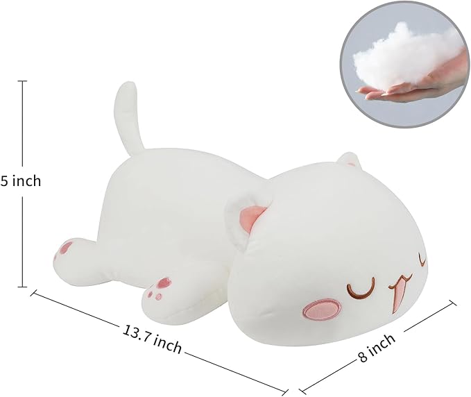 AFAN Cat Stuffed Animals Plush Cute Soft Cat Plush Pillow Toys Kawaii Plushies Room Decor Gifts for Kids Girls Boys (Squinted Eyes, White, 13.7 Inch)