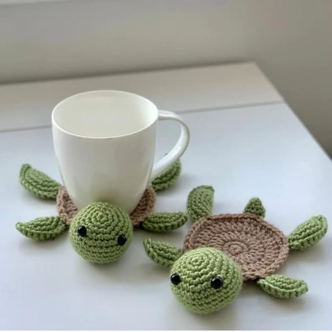 4 Pcs Crochet Tortoise Coasters for Drinks, Funny Handmade Woven Coaster Set, Cute Turtle Shaped Mug Cup Mat Table Desk Decoration