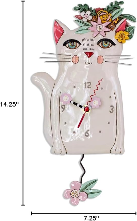 Allen Designs P1993 Swinging Pendulum Clock Pretty Kitty Cat Design 7.25 inches X 14.25 inches