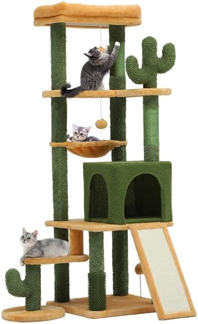YITAHOME Tall Cactus Cat Tree Tower with Self-Grooming Brush, 60in Cute Cat Climbing Tower for Indoor Cats with Cat Condo, Top Perch, Basktet, Sisal Scratching Posts and Board,Toy Balls
