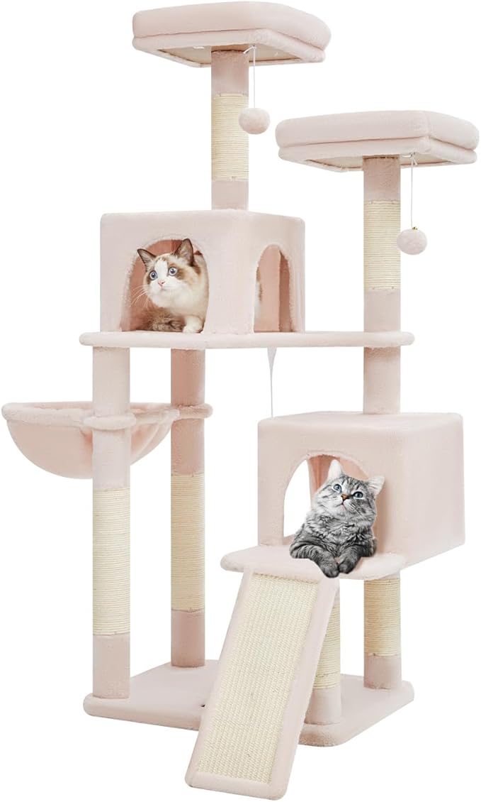 Taoqimiao 56.3-Inch Cat Tree, Cat Tower with Scratching Posts, Cat Tree House for Indoor Cats with hammocks, Toys, Condo and Large Scratch Board, MS012P Elly Pink