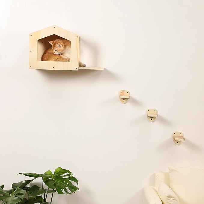 Cat Wall Shelves, Cat Shelves for Wall, Cat House Wall Furniture, Cat Condo Shelf with 3 Steps Scratching Post, Cat Bed Hammock Wall Mounted, Climbing Shelf Wall Mount for Indoor Cats (Wood)